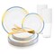 White with Blue and Gold Harmony Rim Plastic Wedding Value Set (20 Settings)